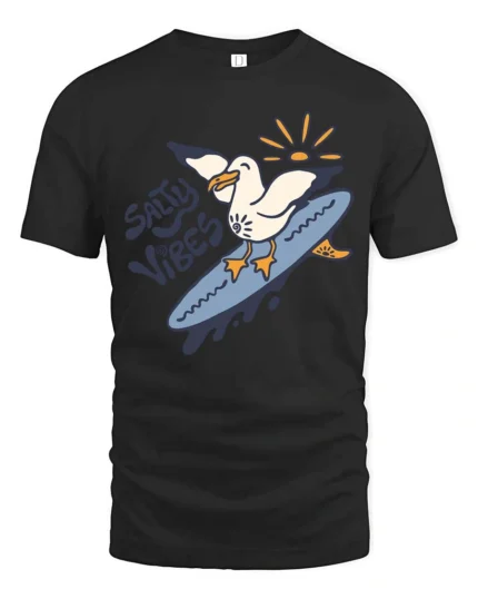Catchy Salty Vibes Surfing Seagull Summer Graphic Tee - black t-shirt on white background