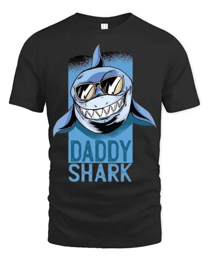 Catchy Daddy Shark Sunglasses Ocean Predator Graphic Tee - black t-shirt on white background