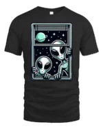Intriguing Extraterrestrial Window Peeking Space Graphic Tee - black t-shirt on white background