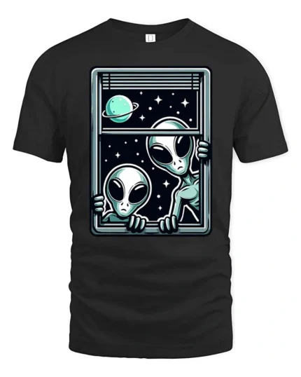 Intriguing Extraterrestrial Window Peeking Space Graphic Tee - black t-shirt on white background