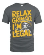 Relax Gringo I’m Legal Sombrero Skeleton Graphic Tee - gray t-shirt on white background