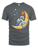 Creative Astronaut Riding Crescent Moon Space Graphic Tee - gray t-shirt on white background