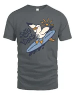 Catchy Salty Vibes Surfing Seagull Summer Graphic Tee - gray t-shirt on white background