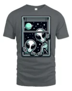 Intriguing Extraterrestrial Window Peeking Space Graphic Tee - gray t-shirt on white background