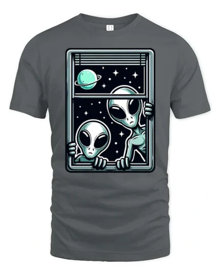 Intriguing Extraterrestrial Window Peeking Space Graphic Tee - gray t-shirt on white background