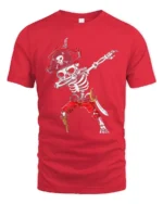 Funny Caribbean Dabbing Pirate Skeleton Graphic Tee - red t-shirt on white background