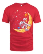 Creative Astronaut Riding Crescent Moon Space Graphic Tee - red t-shirt on white background