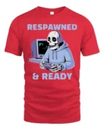 Respawned And Ready Gamer Skeleton Graphic Tee - red t-shirt on white background