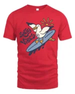 Catchy Salty Vibes Surfing Seagull Summer Graphic Tee - red t-shirt on white background
