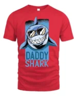 Catchy Daddy Shark Sunglasses Ocean Predator Graphic Tee - red t-shirt on white background