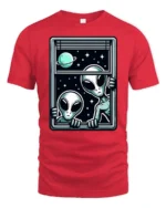 Intriguing Extraterrestrial Window Peeking Space Graphic Tee - red t-shirt on white background