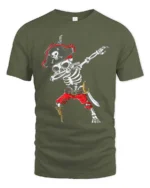 Funny Caribbean Dabbing Pirate Skeleton Graphic Tee - military green t-shirt on white background