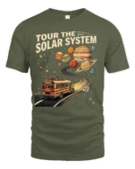 Educational Tour The Solar System Retro Bus Graphic Tee - military green t-shirt on white background