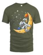 Creative Astronaut Riding Crescent Moon Space Graphic Tee - military green t-shirt on white background