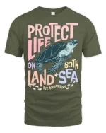 Protect Life On Both Land Sea Turtle Graphic Tee - military green t-shirt on white background
