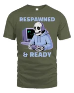 Respawned And Ready Gamer Skeleton Graphic Tee - military green t-shirt on white background