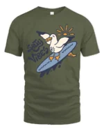 Catchy Salty Vibes Surfing Seagull Summer Graphic Tee - military green t-shirt on white background