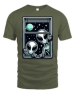Intriguing Extraterrestrial Window Peeking Space Graphic Tee - military green t-shirt on white background