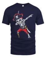 Funny Caribbean Dabbing Pirate Skeleton Graphic Tee - navy t-shirt on white background