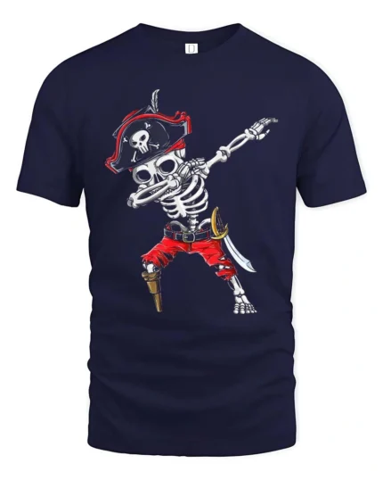 Funny Caribbean Dabbing Pirate Skeleton Graphic Tee - navy t-shirt on white background