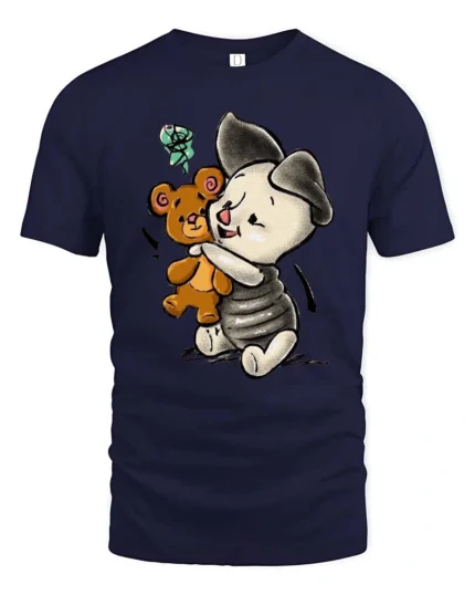 Adorable Hugging Piglet Teddy Bear Friend Graphic Tee - navy t-shirt on white background