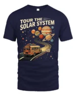 Educational Tour The Solar System Retro Bus Graphic Tee - navy t-shirt on white background