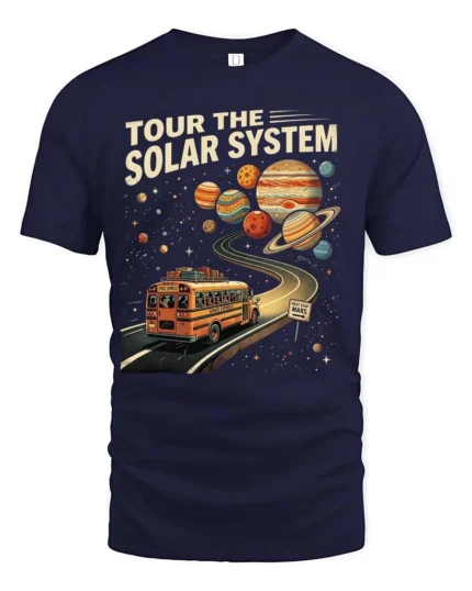 Educational Tour The Solar System Retro Bus Graphic Tee - navy t-shirt on white background
