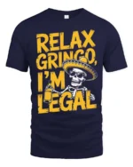 Relax Gringo I’m Legal Sombrero Skeleton Graphic Tee - navy t-shirt on white background