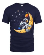 Creative Astronaut Riding Crescent Moon Space Graphic Tee - navy t-shirt on white background