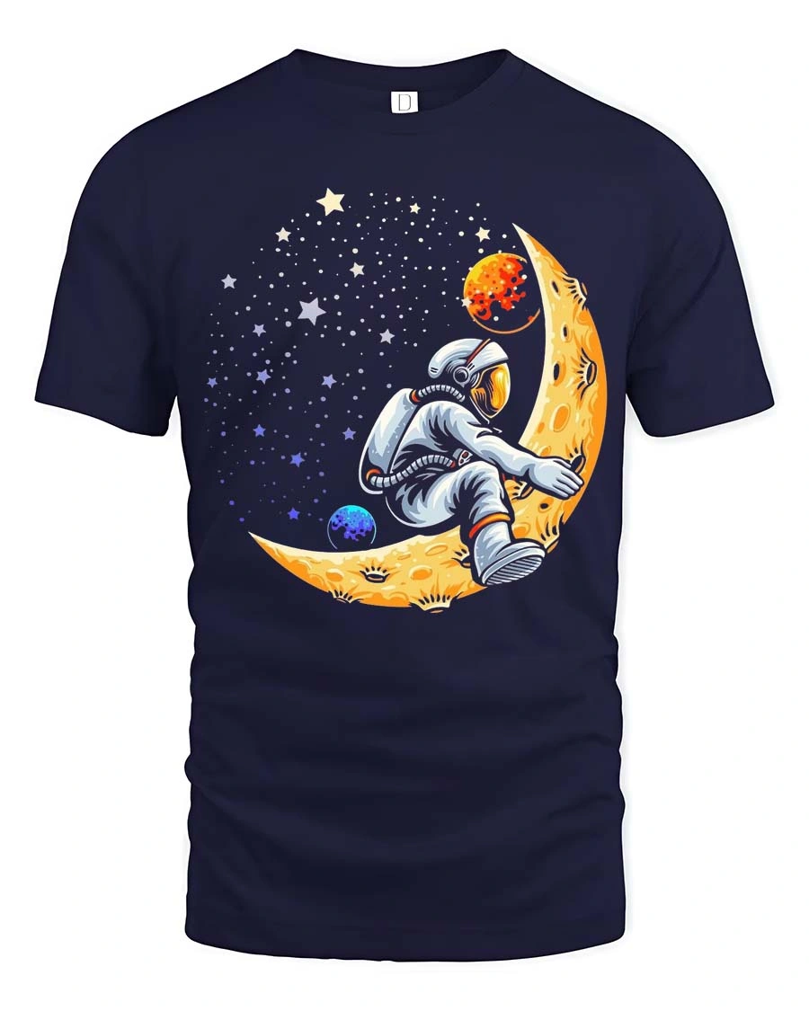 Creative Astronaut Riding Crescent Moon Space Graphic Tee - 1 Creative Astronaut Riding Crescent Moon Space Graphic Tee - navy t-shirt on white background