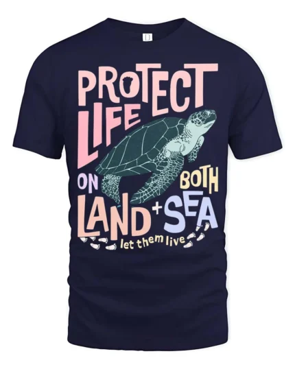 Protect Life On Both Land Sea Turtle Graphic Tee - navy t-shirt on white background