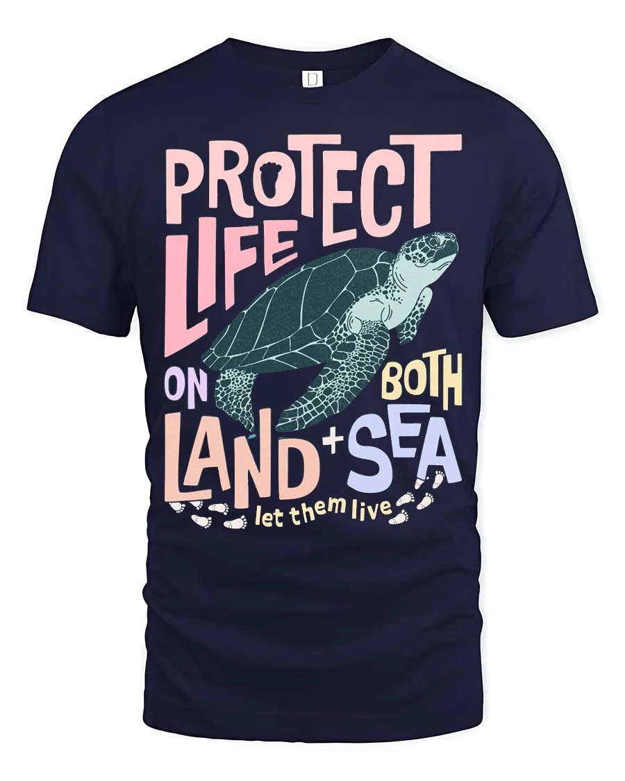 Protect Life On Both Land Sea Turtle Graphic Tee - 1 Protect Life On Both Land Sea Turtle Graphic Tee - navy t-shirt on white background