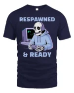 Respawned And Ready Gamer Skeleton Graphic Tee - navy t-shirt on white background
