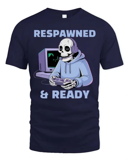 Respawned And Ready Gamer Skeleton Graphic Tee - navy t-shirt on white background