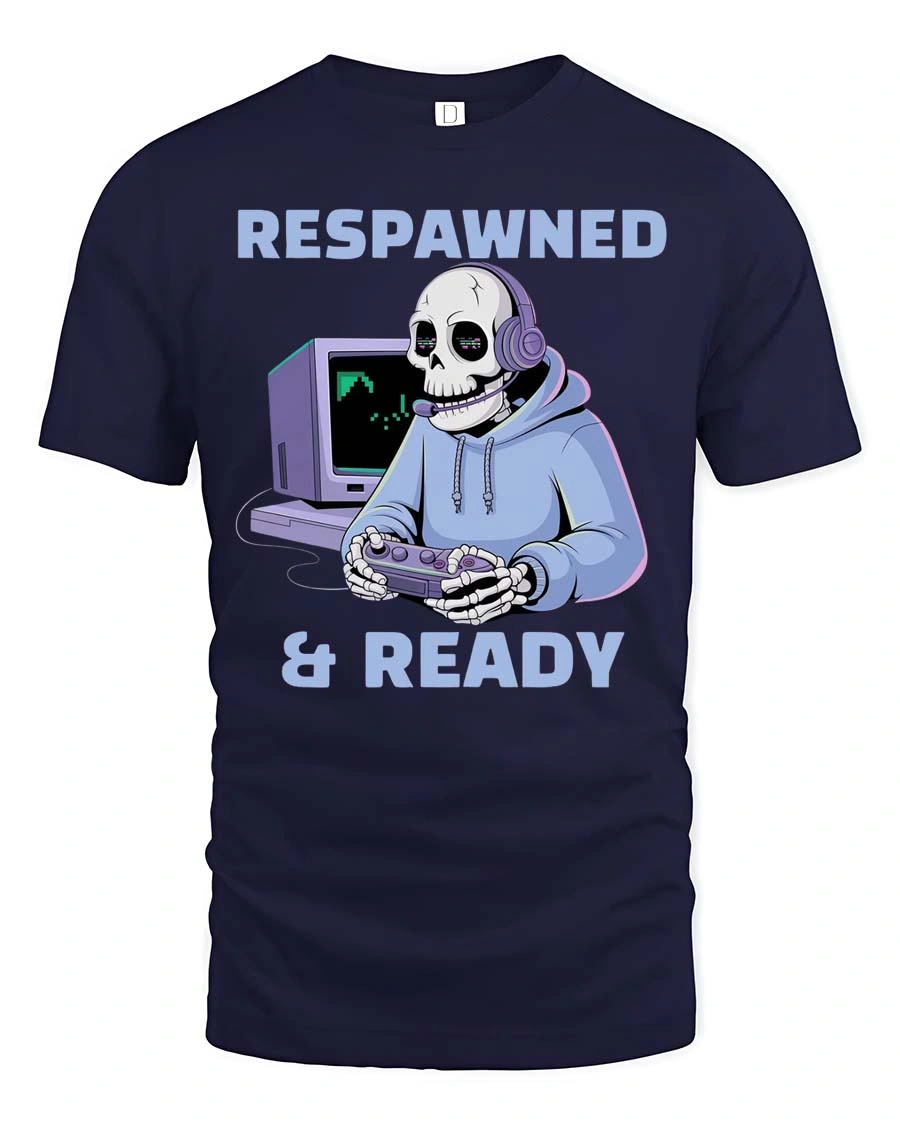 Respawned And Ready Gamer Skeleton Graphic Tee - 1 Respawned And Ready Gamer Skeleton Graphic Tee - navy t-shirt on white background
