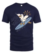 Catchy Salty Vibes Surfing Seagull Summer Graphic Tee - navy t-shirt on white background