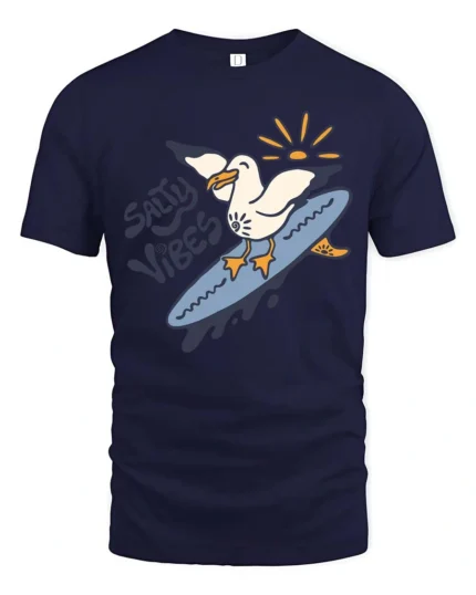 Catchy Salty Vibes Surfing Seagull Summer Graphic Tee - navy t-shirt on white background