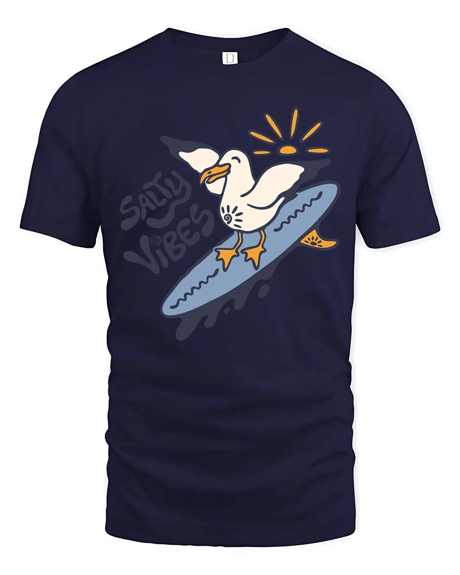Catchy Salty Vibes Surfing Seagull Summer Graphic Tee - 1 Catchy Salty Vibes Surfing Seagull Summer Graphic Tee - navy t-shirt on white background