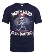 Amusing Party Hard Or Just Drop Dead Skeleton Graphic Tee - navy t-shirt on white background
