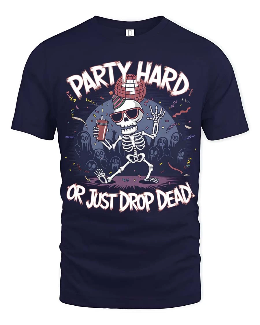 Amusing Party Hard Or Just Drop Dead Skeleton Graphic Tee - 1 Amusing Party Hard Or Just Drop Dead Skeleton Graphic Tee - navy t-shirt on white background