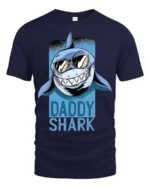 Catchy Daddy Shark Sunglasses Ocean Predator Graphic Tee - navy t-shirt on white background
