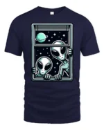 Intriguing Extraterrestrial Window Peeking Space Graphic Tee - navy t-shirt on white background