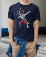Funny Caribbean Dabbing Pirate Skeleton Graphic Tee - model wearing navy tee with hands in pockets