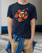 Melancholic Crying Clown Flower Party Hat Novelty Tshirt - model wearing navy tee with hands in pockets