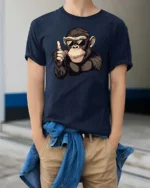 Catchy Chimp Sunglasses Thumbs Up Monkey Graphic Tee - model wearing navy tee with hands in pockets