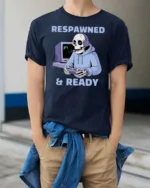 Respawned And Ready Gamer Skeleton Graphic Tee - model wearing navy tee with hands in pockets