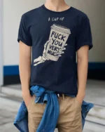 Sarcastic A Cup Of Fuck You Very Much Skeleton Graphic Tee - model wearing navy tee with hands in pockets