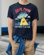 Entertaining Have Fun Honey Dont Forget To Go Home Tshirt - model wearing navy tee with hands in pockets