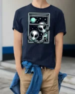 Intriguing Extraterrestrial Window Peeking Space Graphic Tee - model wearing navy tee with hands in pockets