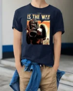 Inspiring This Is The Way Mandalorian Retro Graphic Tee - model wearing navy tee with hands in pockets